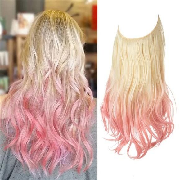 Ombre Halo Hair Extensions Blonde to Pink Synthetic Hairpiece Heat Friendly